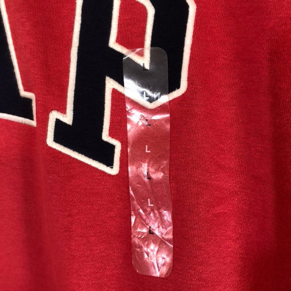 GAP Red Pullover Hoodie Navy Applique Drawstring Hood Kangaroo Pocket SZ L NWT - Picture 3 of 8